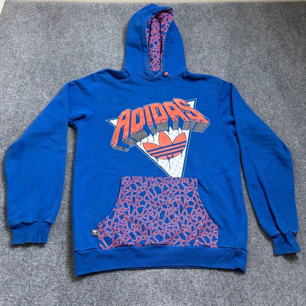 Adidas Originals Blue Graphic Hoodie Trefoil Geometric Pocket E78502 Mens Medium